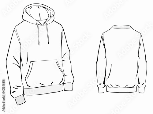 Illustration technique de mode de sweat à capuche en coton-toison surdimensionnée avec ajustement détendu, manches longues. Pull extérieur plat

