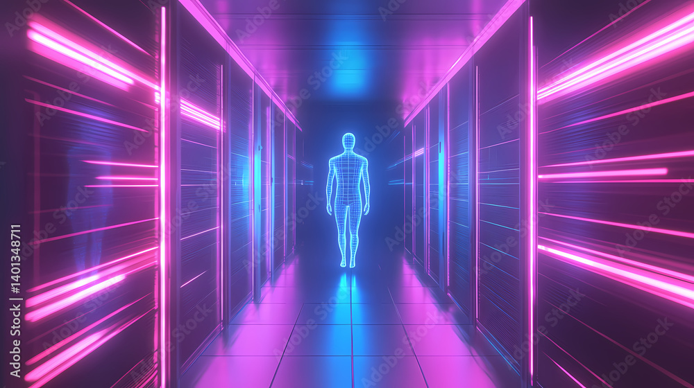 Server room with a glowing blue and pink neon wireframe human figure. Singularity Blade. Illustration Server room with a glowing blue and pink neon wireframe human figure. Singularity Blade. Illustration