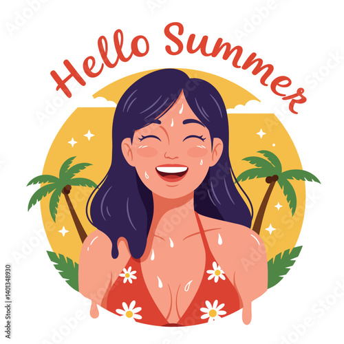 Smiling woman enjoying summer with vibrant tropical background and cheerful expression
