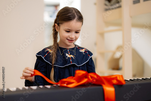 A young girl excitedly opens a gift-wrapped electronic keyboard with a red ribbon. photo