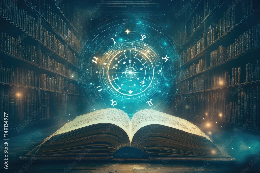 Zodiac symbols emerging from an open magical book in a mystical library