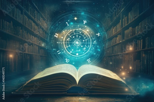 Obraz na płótnie Zodiac symbols emerging from an open magical book in a mystical library w salonie