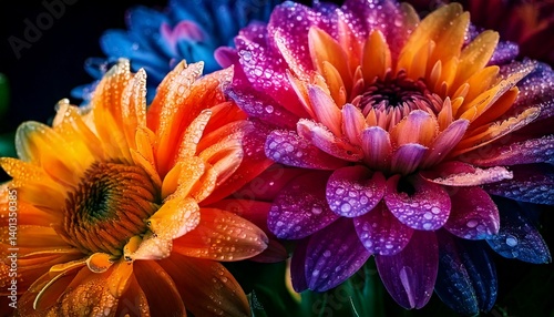 Close-up of colorful flowers with dew drops on the petals