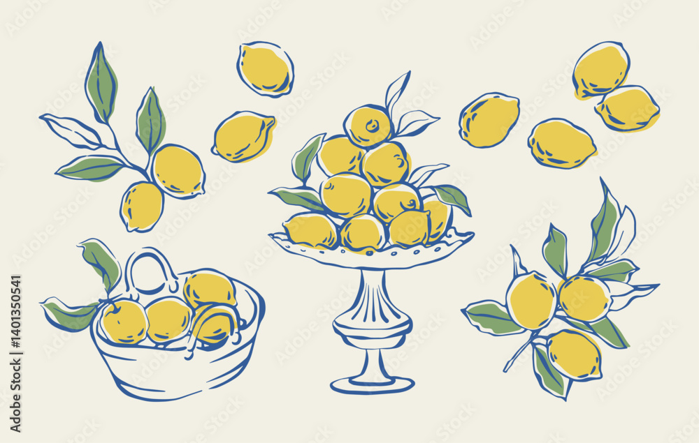 Hand drawn lemon set. Whimsical lemon fruits, branches with leaves, fruit bowl, and basket. Vintage doodle vector in Mediterranean style. Summer illustration for patterns, posters, cards, invitations.