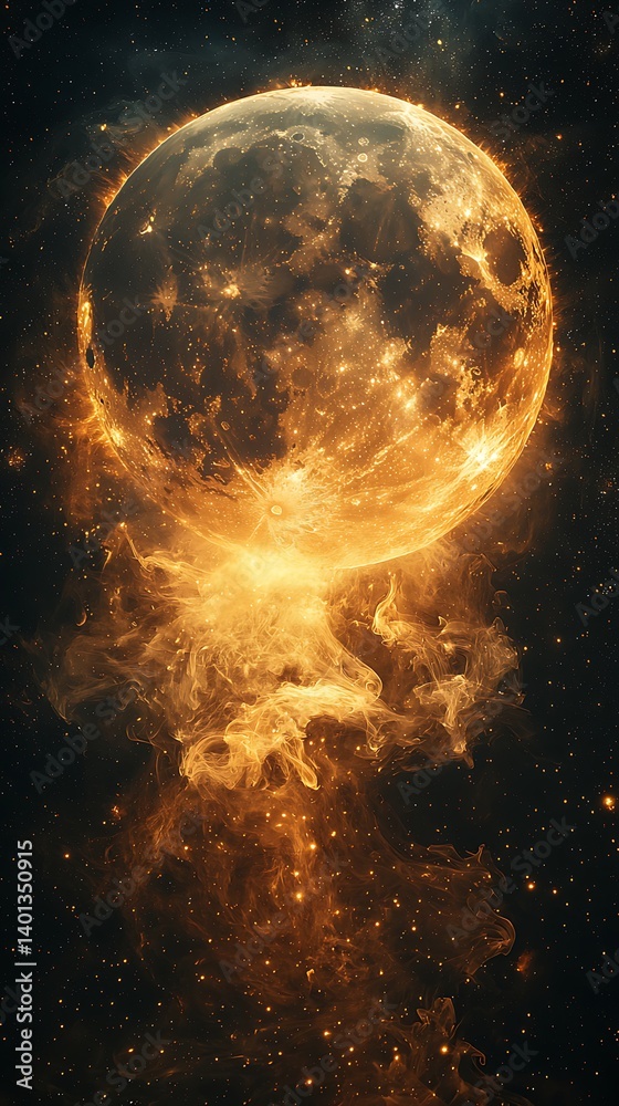 Fototapeta premium Glowing golden moon floating in cosmic space high resolution image