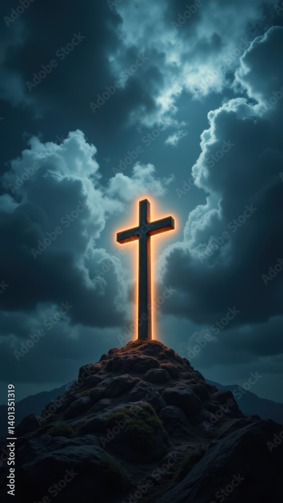 Cross on a mountain peak against stormy clouds, symbolizing faith and resilience. Cross on a mountain peak against stormy clouds, symbolizing faith and resilience.