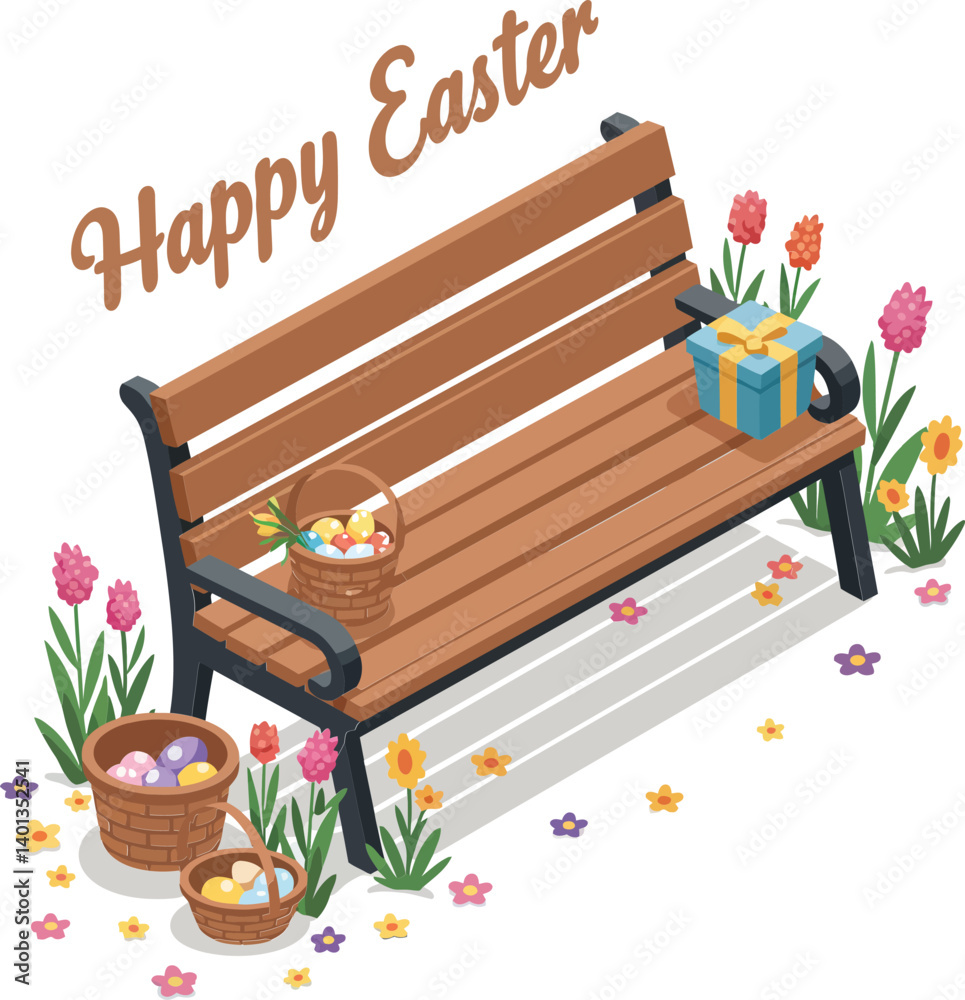 Obraz premium Easter-themed park bench with flowers and gifts in detailed vector illustration