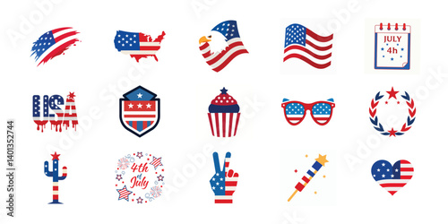 4th of July vector elements set. Collection of American Independence Day vector illustration on white background