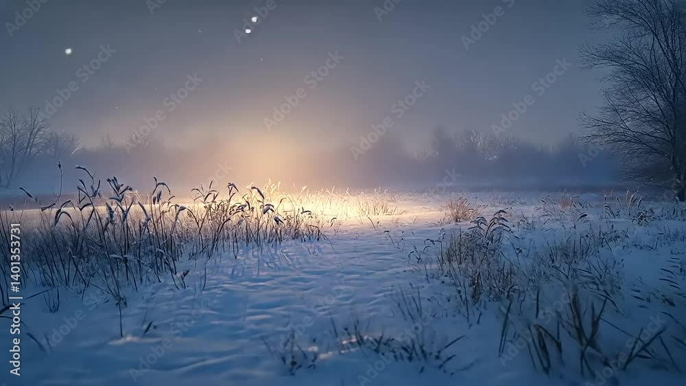 Mystical Winter Scene with Snow, Forest, and Atmospheric Light at Dusk Mystical Winter Scene with Snow, Forest, and Atmospheric Light at Dusk