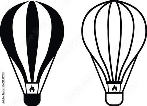 Hot Air Balloon with Basket Line icon. and Silhouette Black Icon Set. in trendy style. Flight Baloon for Travel Pictogram. Fly Hotair Ballon for Sky Journey Outline .