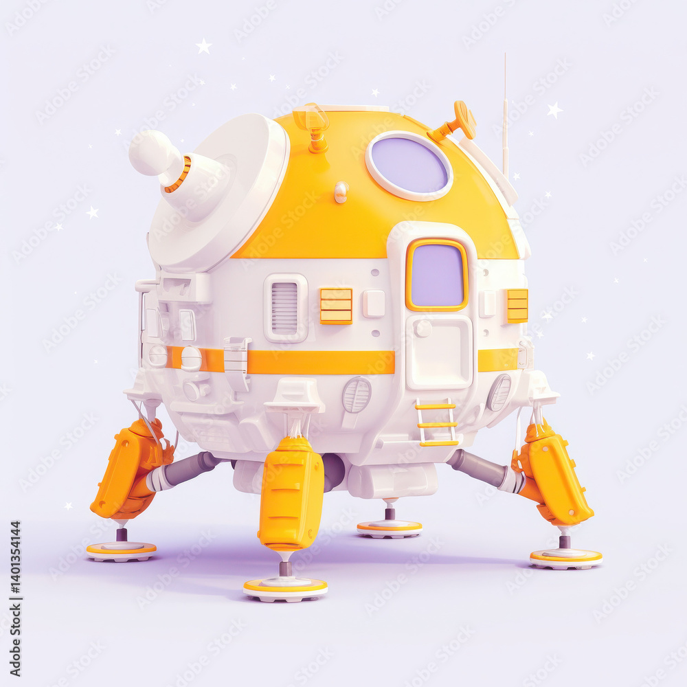 Fototapeta premium Futuristic space lander with a yellow and white design, isolated on a light background, perfect for science and space exploration themes.