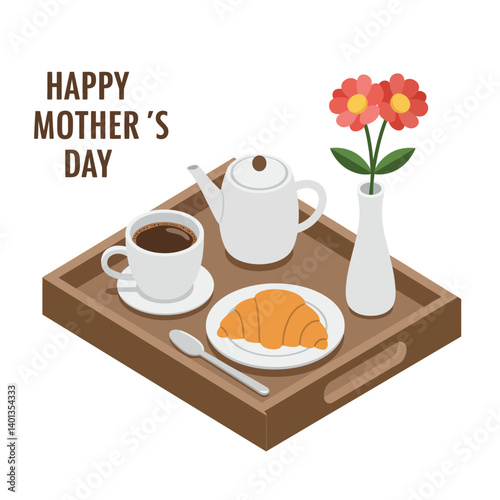Breakfast tray with coffee, tea, croissant, and flowers in flat vector art