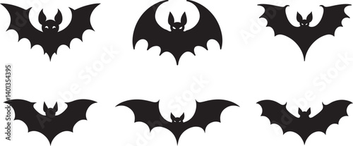 A collection of dark bat halloween spooky creatures flying as scary silhouettes design elements