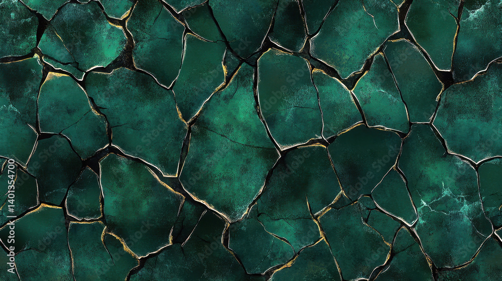 Ancient Cracked Stone Structure with Green Gemstones