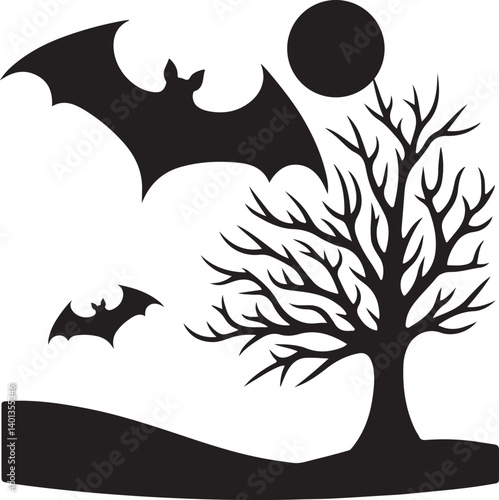 A spooky halloween night scene with a flying bat and barren tree under a full moon