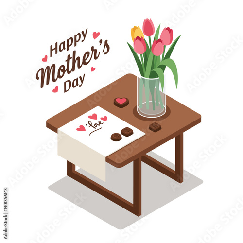 Table with flowers, chocolates, and a card in flat vector art style for Mothers Day celebration