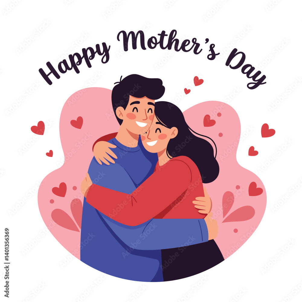 Happy Mother’s Day illustration featuring a couple hugging in a flat vector art style Happy Mother’s Day illustration featuring a couple hugging in a flat vector art style