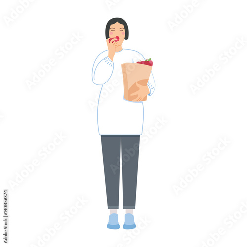 A girl eating an apple. Isolated on white. Vector illustration. Cute character, person. Food, healthy food, agriculture, farm, market.