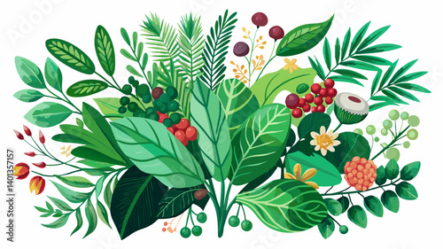 Greenery elements. Leaves branches foliage and berry wedding plants, vintage nature botanical collection. Vector illustrations exotic green garden bouquet on white background for