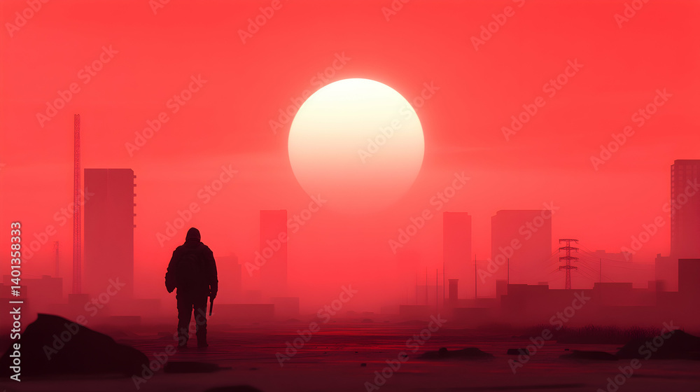 Solitary Figure Walking at Sunset in a Red Pixel Art Cityscape Solitary Figure Walking at Sunset in a Red Pixel Art Cityscape