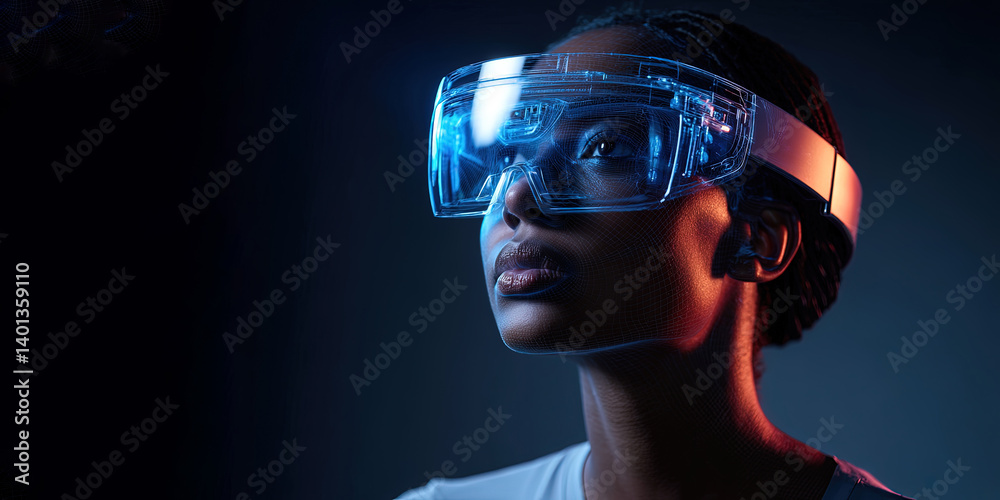 The future is already here. Young woman wearing augmented reality glasses. A glimpse into the future as the young woman experiences life through augmented reality glasses. The future is already here. Young woman wearing augmented reality glasses. A glimpse into the future as the young woman experiences life through augmented reality glasses.