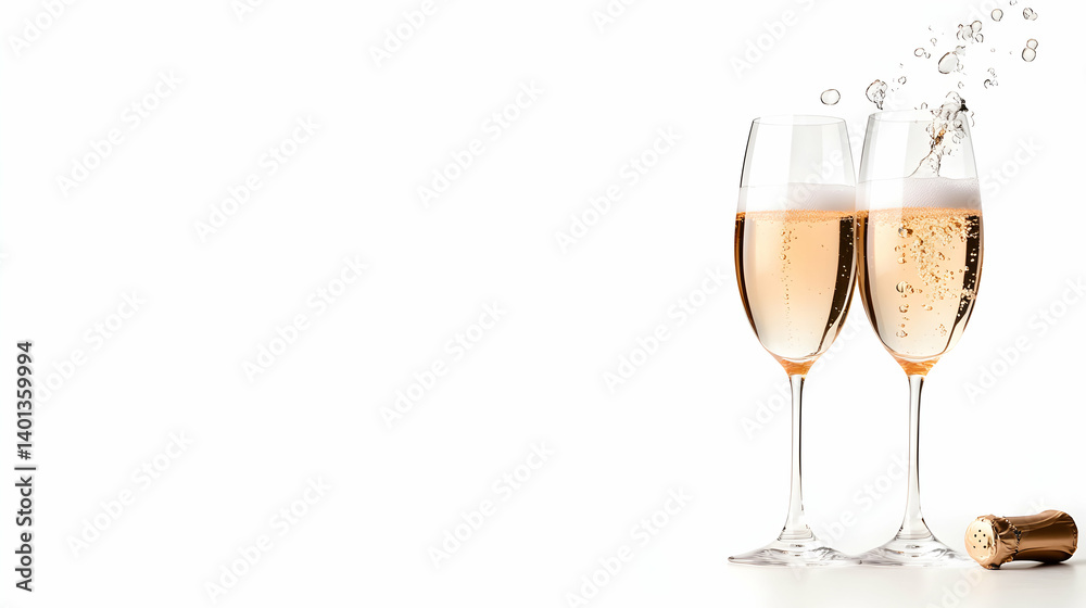 Two Champagne Flutes with Sparkling Wine and Cork on White Background Two Champagne Flutes with Sparkling Wine and Cork on White Background