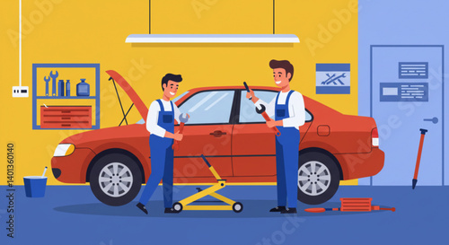Mechanics smiling working on red car in garage background