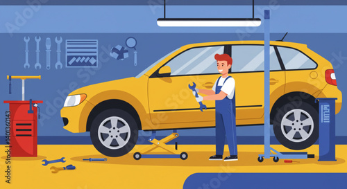 A mechanic repairs a yellow car in front of a garage
