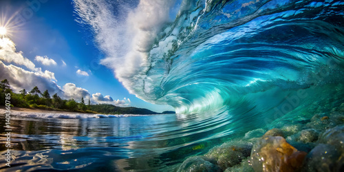 Clear underwater shot of a wave breaking overhead