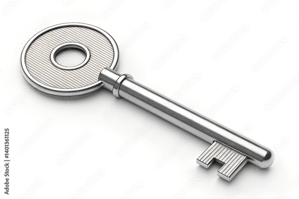 Silver Key On White Background Representing Security And Access With Shiny Metal And Detailed Grooves Symbolizing Unlocking Solutions, key, silver, metal, white, background, access, security, lock Silver Key On White Background Representing Security And Access With Shiny Metal And Detailed Grooves Symbolizing Unlocking Solutions, key, silver, metal, white, background, access, security, lock