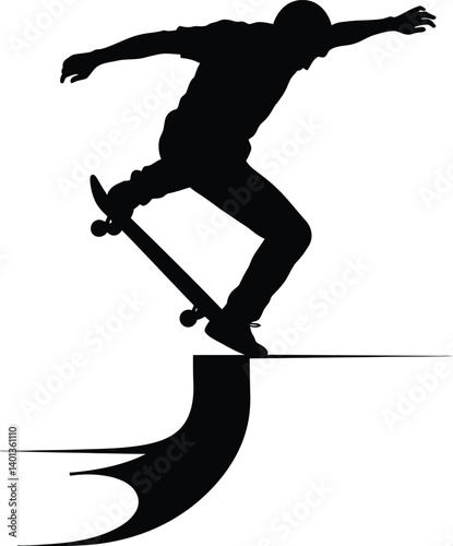 Skateboarder Mid-Trick Silhouette in Urban Style - Black and White Vector Illustration