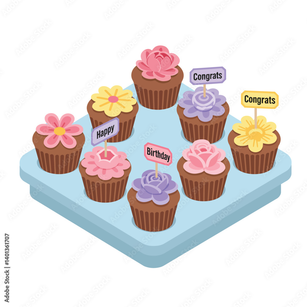 Cupcakes with colorful frosting and messages in flat vector art style Cupcakes with colorful frosting and messages in flat vector art style