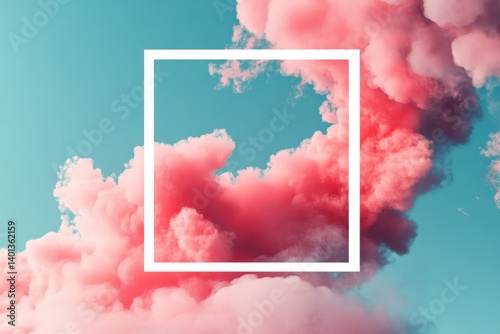 White frame overlaying pink clouds and blue sky creating surreal atmosphere