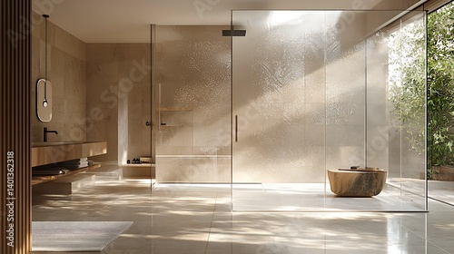 Unique wave pattern etched glass shower feature high resolution picture