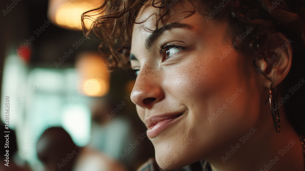 Obraz premium A thoughtful woman with curly hair and freckles, smiling softly while looking off into the distance in a restaurant.