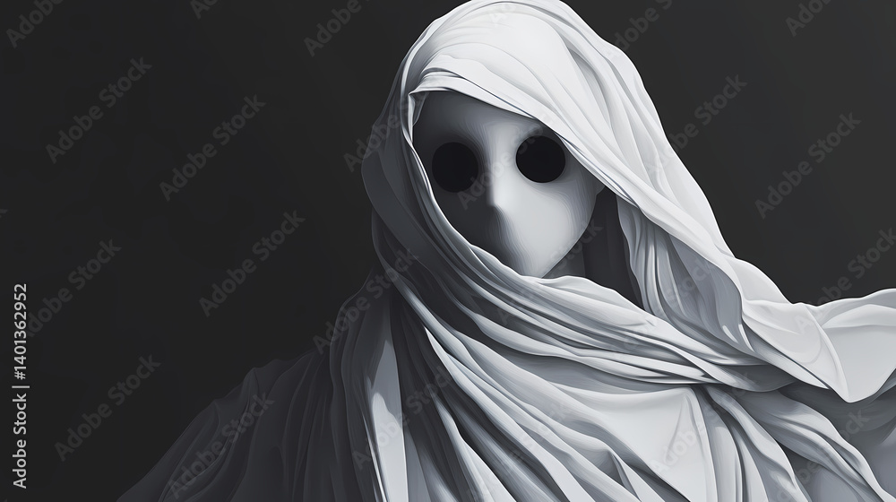 Mysterious ghostly figure in draped fabric with hollow eyes. Hollowed Fabric. Illustration Mysterious ghostly figure in draped fabric with hollow eyes. Hollowed Fabric. Illustration