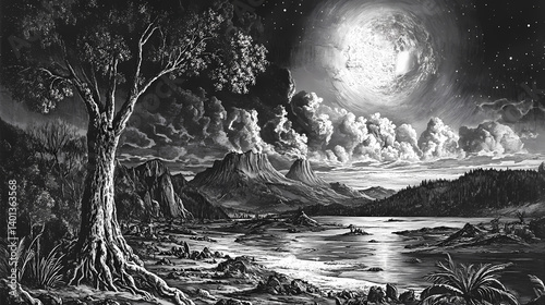 The carboniferous period, vintage engraving. Nebular Engraving. Illustration