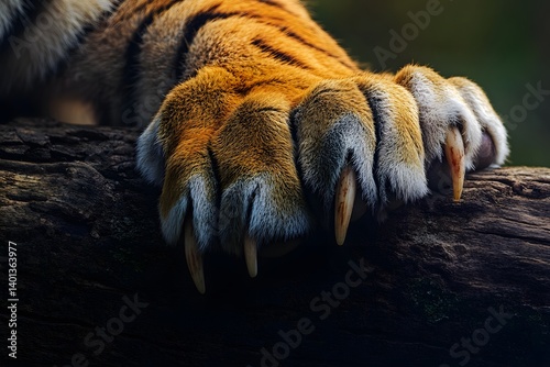 A close up view of a tiger paw with sharp claws resting on a dark textured wooden surface outdoors