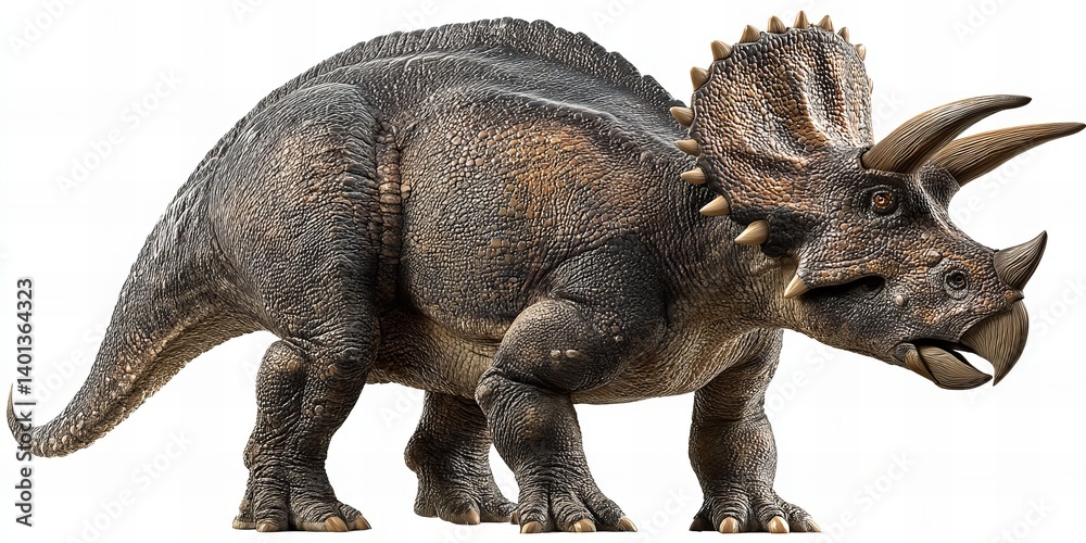 Fototapeta premium High-quality illustration of a Triceratops dinosaur, isolated on a clean white background. Showcasing detailed textures, horns, and frill, this image is perfect for educational, prehistoric themes
