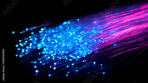 Obraz na płótnie Neon blue and magenta fiber optic threads in an abstract composition, glowing softly against a shadowed surface. Psychedelic Thread. Illustration w salonie