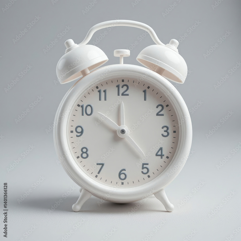 Classic White Alarm Clock Telling Time on Gray Background Studio Shot Classic White Alarm Clock Telling Time on Gray Background Studio Shot