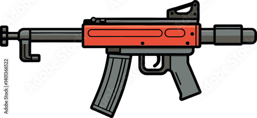 Digital Submachine Gun with Stock in Submachine Gun with Extended Barrel Vector