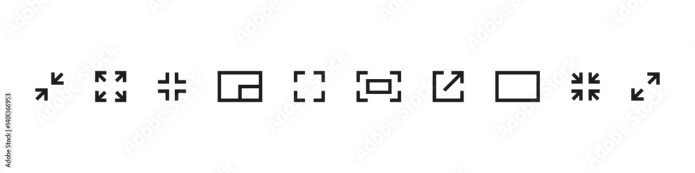 Full screen icon. Enlarge screen vector set. Isolated expand scale sign. Bigger size display symbol. Full screen enlarge button. Open window sign. Full screen icon. Enlarge screen vector set. Isolated expand scale sign. Bigger size display symbol. Full screen enlarge button. Open window sign.