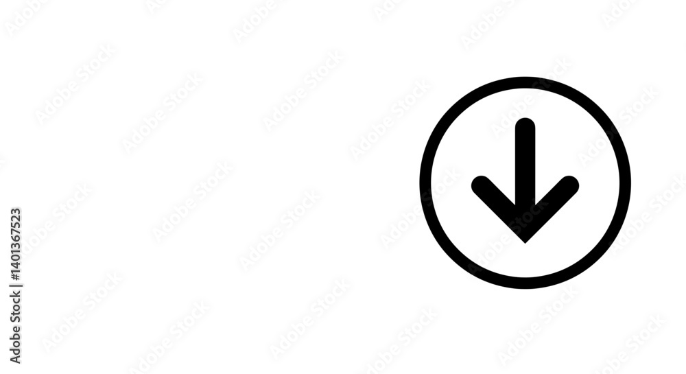 Bold downward arrow icon inside black circle on white background Bold downward arrow icon inside black circle on white background