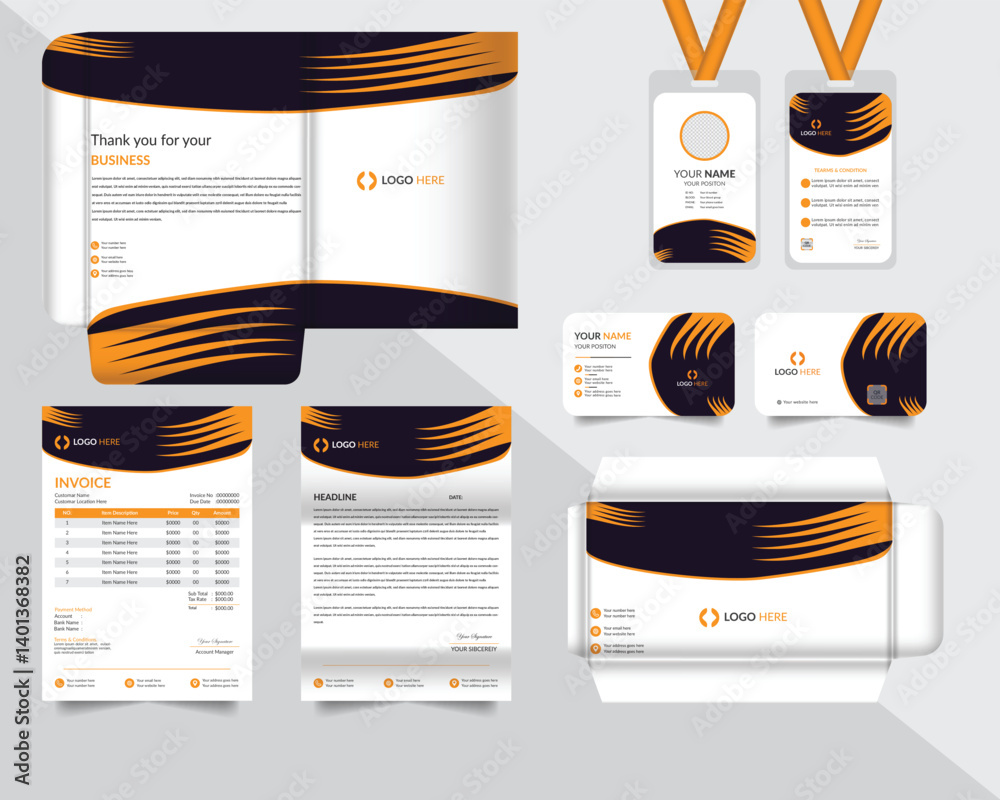Corporate brand identity template: Business branding identity, with office stationery, file folder, business card, id card, envelope, letterhead, invoice design.
