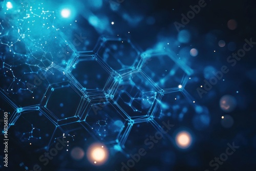 A futuristic display of molecular technology with polygonal shapes, glowing softly against a dark blue backdrop.