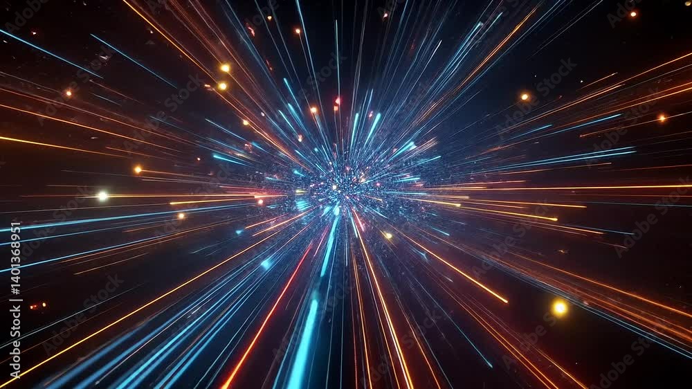 Abstract digital depiction of glowing lines and spheres exploding from a central point against a dark background Abstract digital depiction of glowing lines and spheres exploding from a central point against a dark background