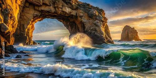 Waves rolling through a natural rock arch in the ocean