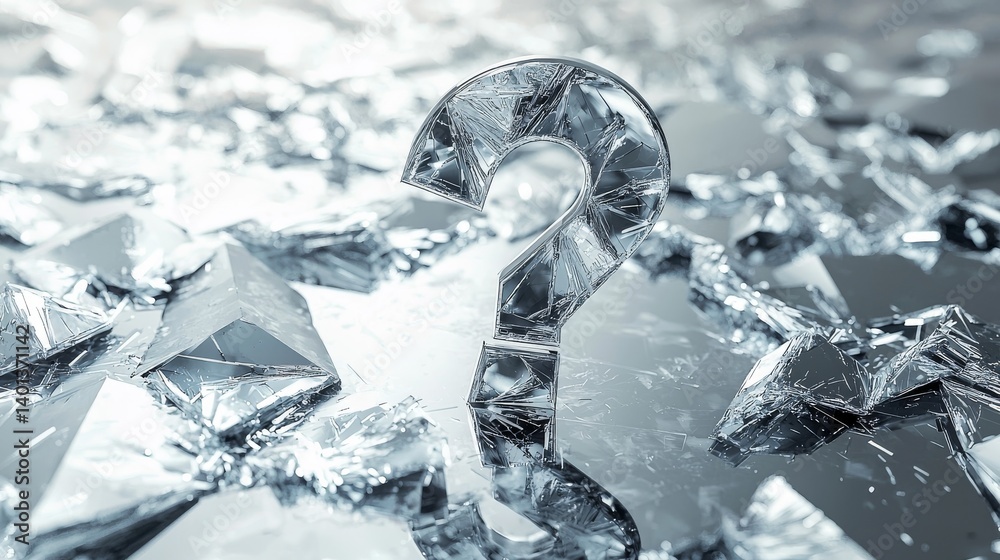 A crystal clear question mark symbol surrounded by ice-like shards on a reflective surface. A crystal clear question mark symbol surrounded by ice-like shards on a reflective surface.