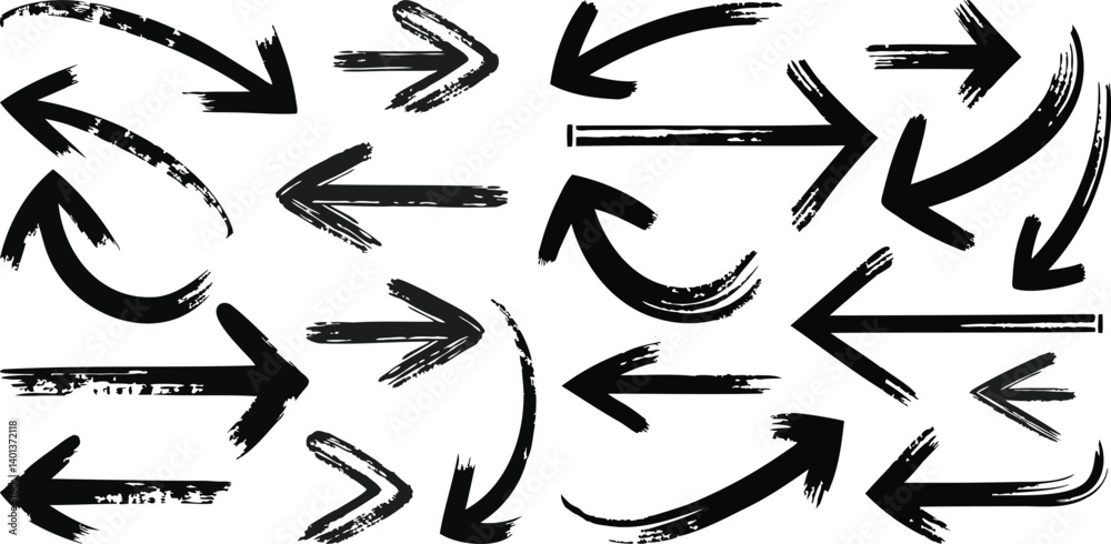 Bold hand-drawn arrows silhouettes in various styles with strong brush strokes, Black various directions arrow shapes
